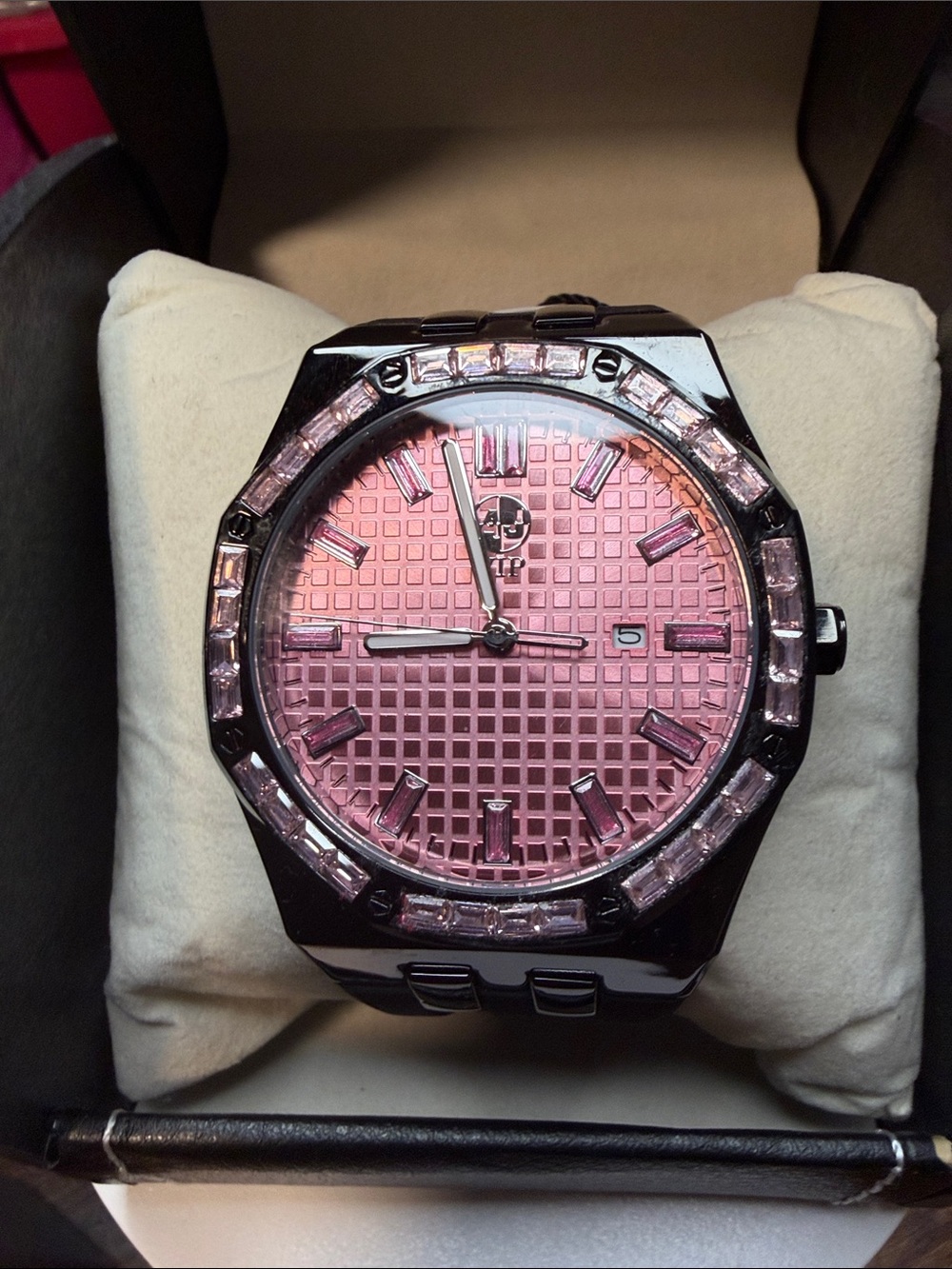 Pink Dial Stainless Smartwatch with Crystal Bezel